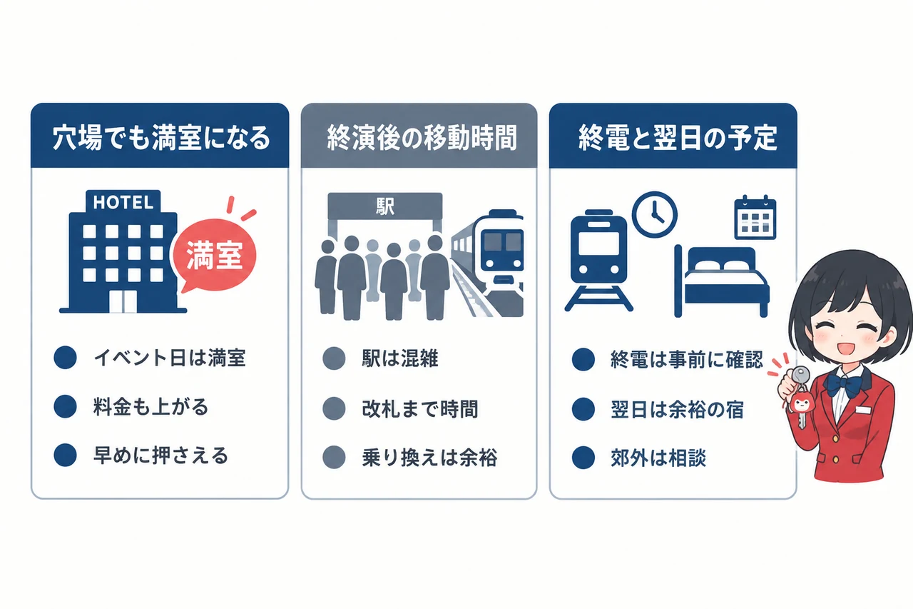 札幌ドームのホテルを取る時の注意点の要点をまとめた図解（穴場でも満室になる・終演後の移動時間・終電と翌日の予定）