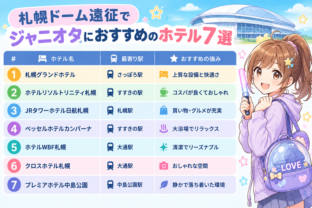 札幌ドーム遠征でジャニオタにおすすめのホテル7選。札幌グランドホテルからプレミアホテル中島公園札幌まで7軒を順位順に紹介