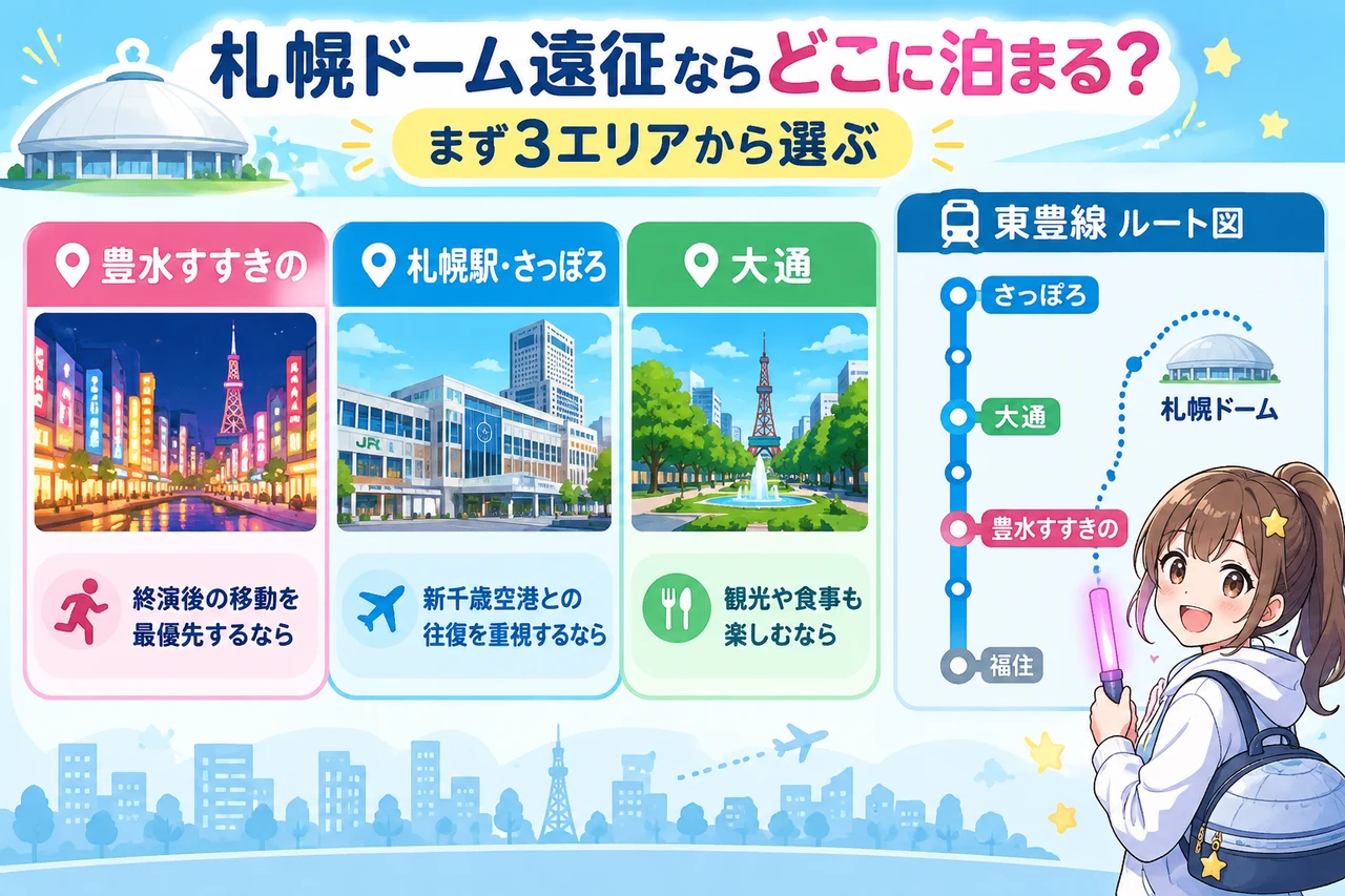 札幌ドーム遠征ならどこに泊まる?まず3エリアから選ぶの要点をまとめた図解(終演後の移動を最優先するなら豊水すすきの・新千歳空港との往復を重視するなら札幌駅・・ライブ以外の観光や食事も楽しむなら大通)