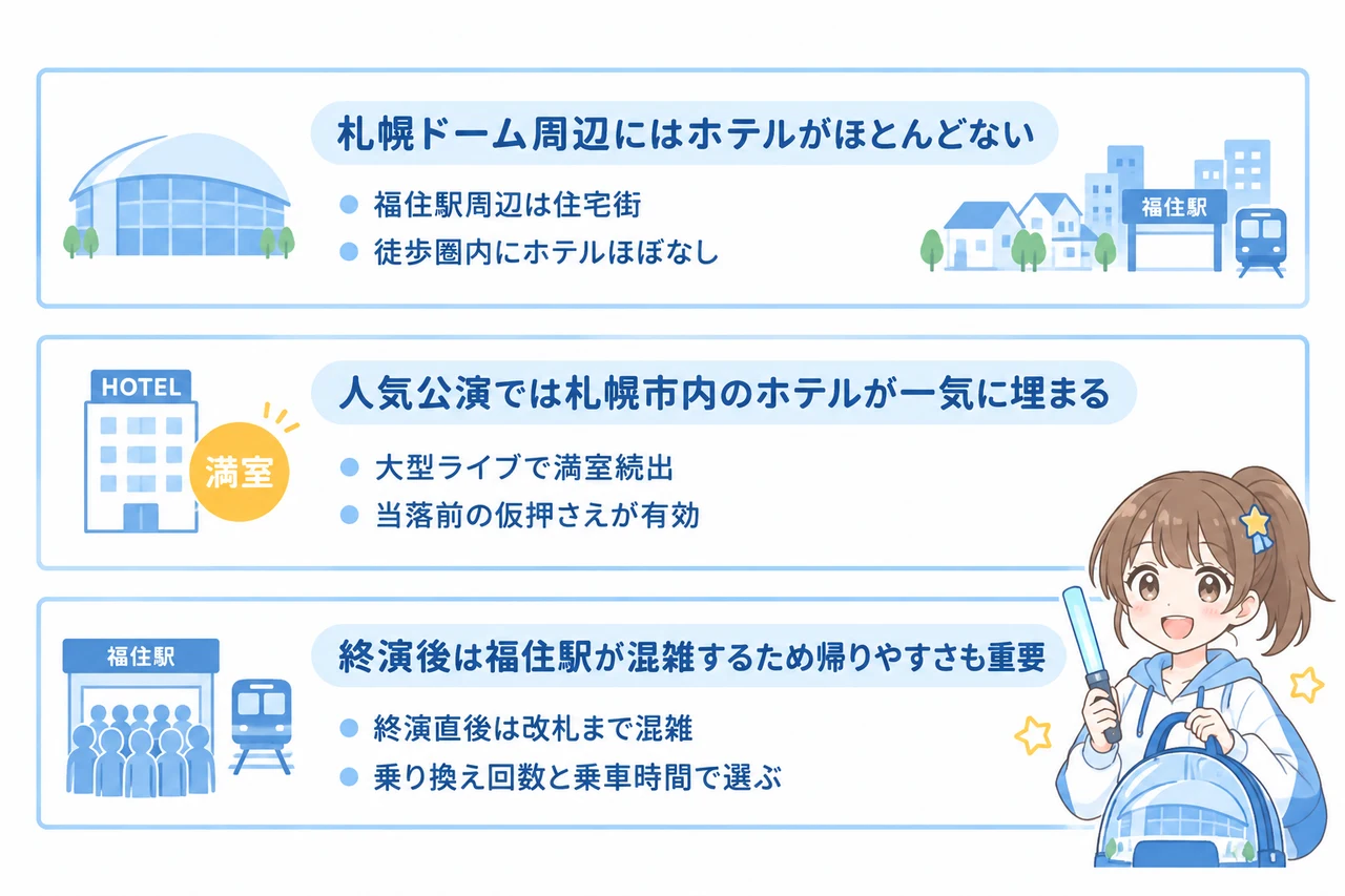 ジャニオタの札幌ドーム遠征でホテル選びに困る3つの理由の要点をまとめた図解(札幌ドーム周辺にはホテルがほとんどない・人気公演では札幌市内のホテルが一気に埋ま・終演後は福住駅が混雑するため帰りやすさも)