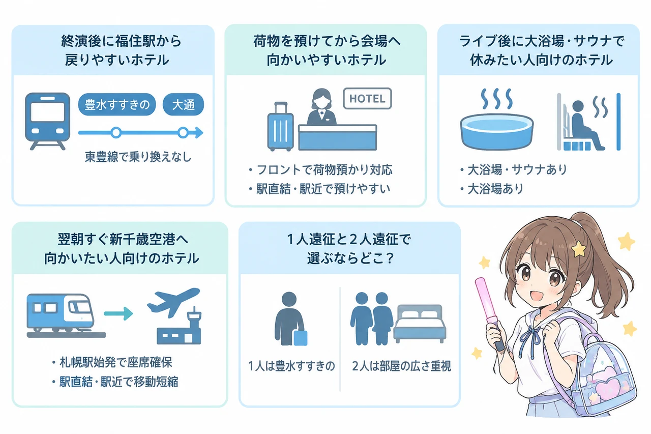 7ホテルをジャニオタ遠征目線で比較の要点をまとめた図解(終演後に福住駅から戻りやすいホテル・荷物を預けてから会場へ向かいやすいホテル・ライブ後に大浴場・サウナで休みたい人向け)