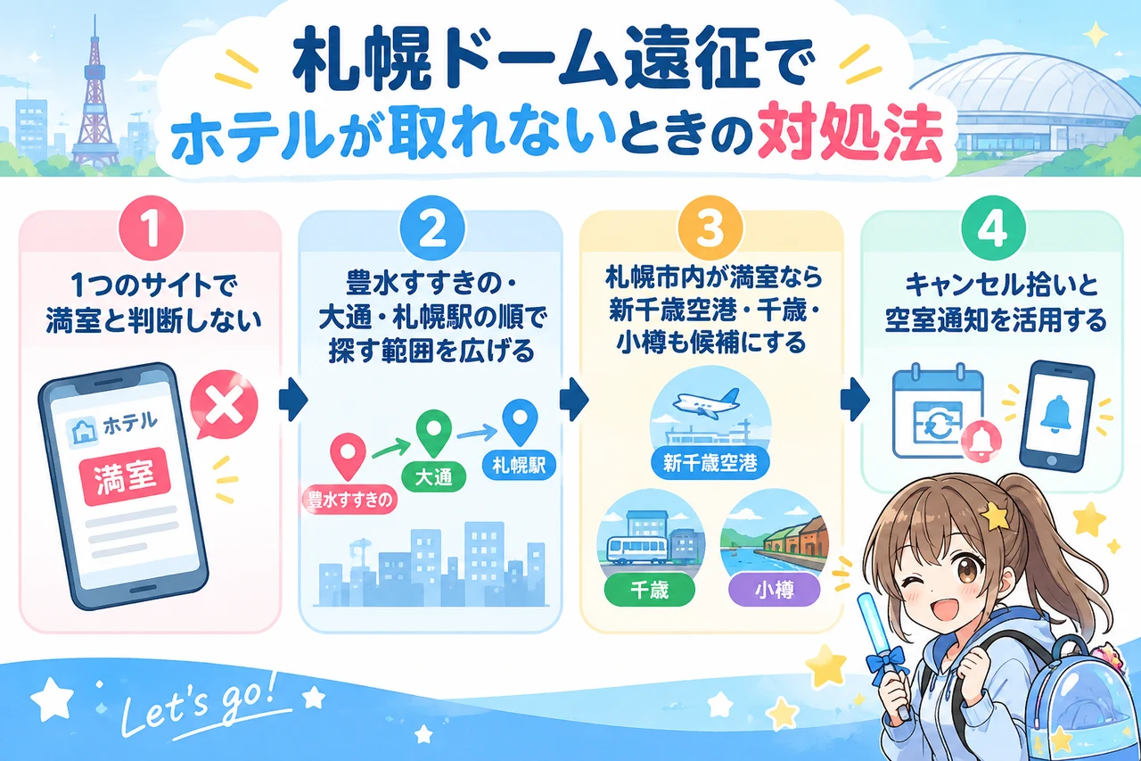 札幌ドーム遠征でホテルが取れないときの対処法の要点をまとめた図解(予約サイトを1つだけ見て満室と判断しない・豊水すすきの・大通・札幌駅の順で探す範囲・札幌市内が満室なら新千歳空港・千歳・小樽)