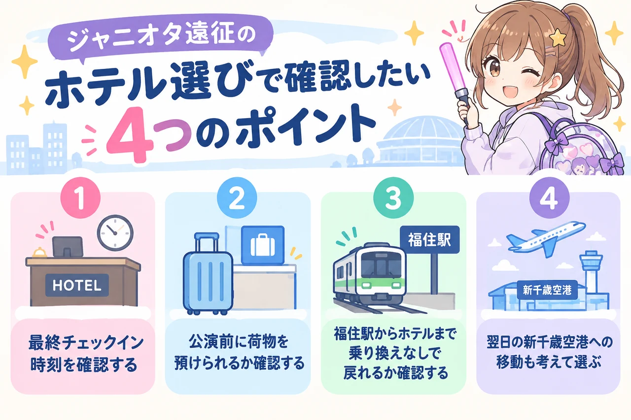 ジャニオタ遠征のホテル選びで確認したい4つのポイントの要点をまとめた図解(最終チェックイン時刻を確認する・公演前に荷物を預けられるか確認する・福住駅からホテルまで乗り換えなしで戻れる)