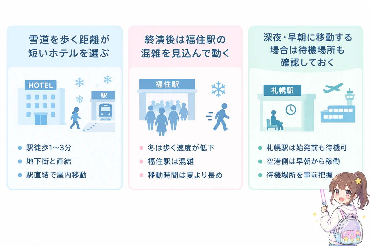 冬の札幌ドーム遠征で気をつけたいことの要点をまとめた図解(雪道を歩く距離が短いホテルを選ぶ・終演後は福住駅の混雑を見込んで動く・深夜・早朝に移動する場合は待機場所も確認)