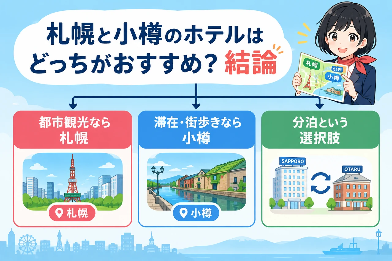 札幌と小樽のホテルはどっちがおすすめ？結論の要点をまとめた図解（都市観光なら札幌・滞在・街歩きなら小樽・分泊という選択肢）