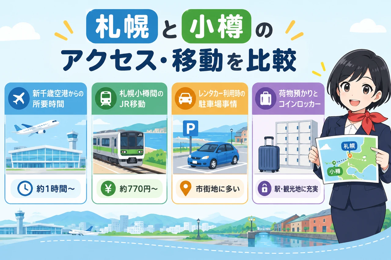 札幌と小樽のアクセス・移動を比較の要点をまとめた図解（新千歳空港からの所要時間・札幌小樽間のJR移動・レンタカー利用時の駐車場事情）
