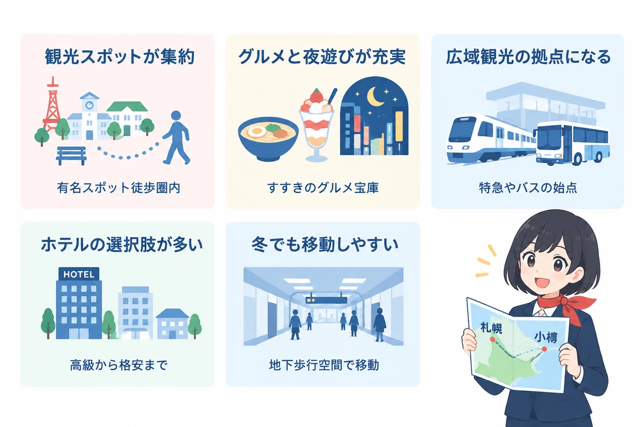 札幌に泊まるメリットの要点をまとめた図解（観光スポットが集約・グルメと夜遊びが充実・広域観光の拠点になる）