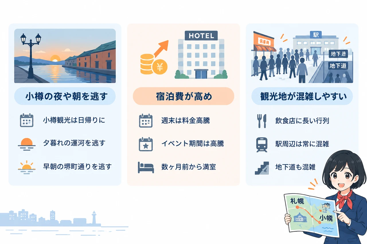 札幌に泊まるデメリットの要点をまとめた図解（小樽の夜や朝を逃す・宿泊費が高め・観光地が混雑しやすい）