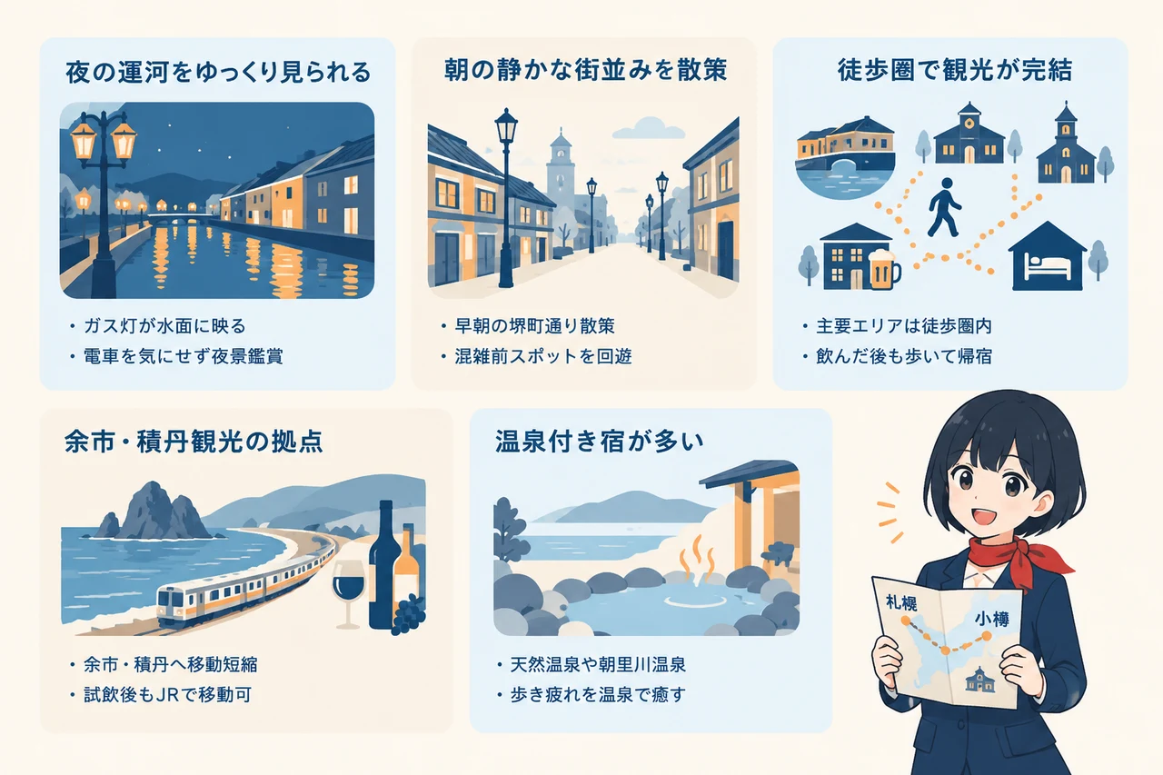 小樽に泊まるメリットの要点をまとめた図解（夜の運河をゆっくり見られる・朝の静かな街並みを散策・徒歩圏で観光が完結）
