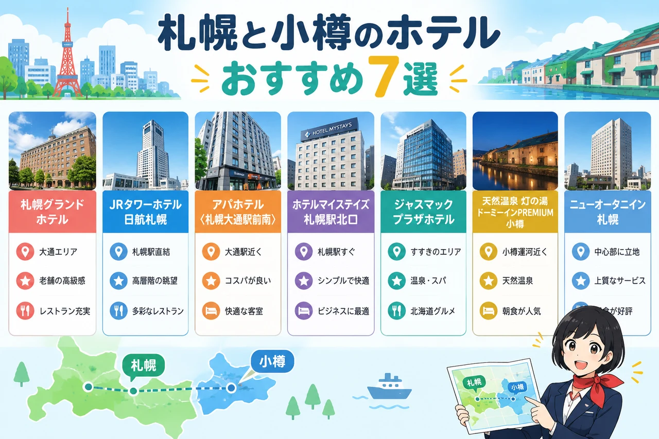 札幌と小樽のホテルおすすめ7選の要点をまとめた図解（札幌グランドホテル・JRタワーホテル日航札幌・アパホテル〈札幌大通駅前南〉）