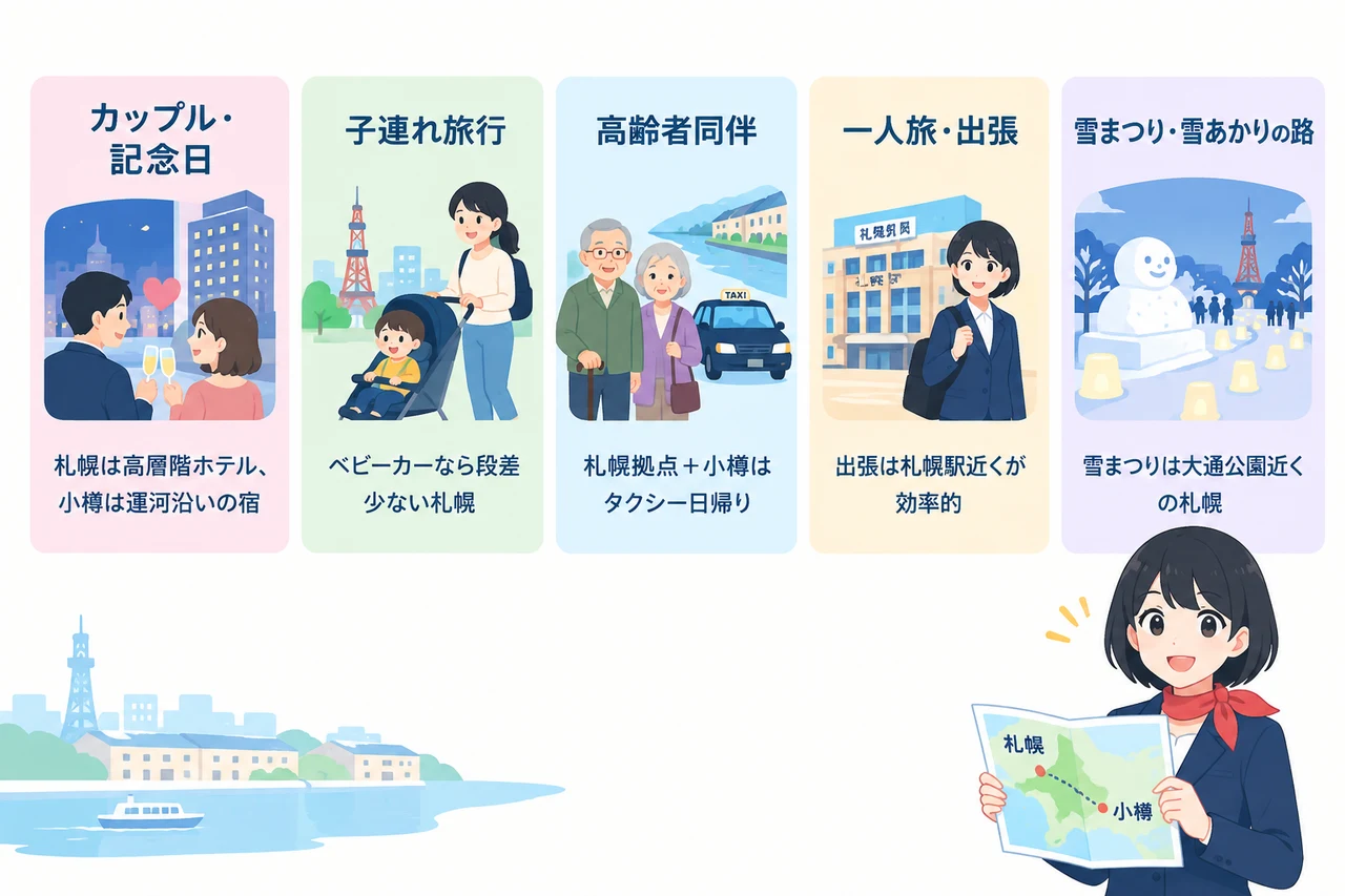 目的別にどっちに泊まるべきかの要点をまとめた図解（カップル・記念日・子連れ旅行・高齢者同伴）
