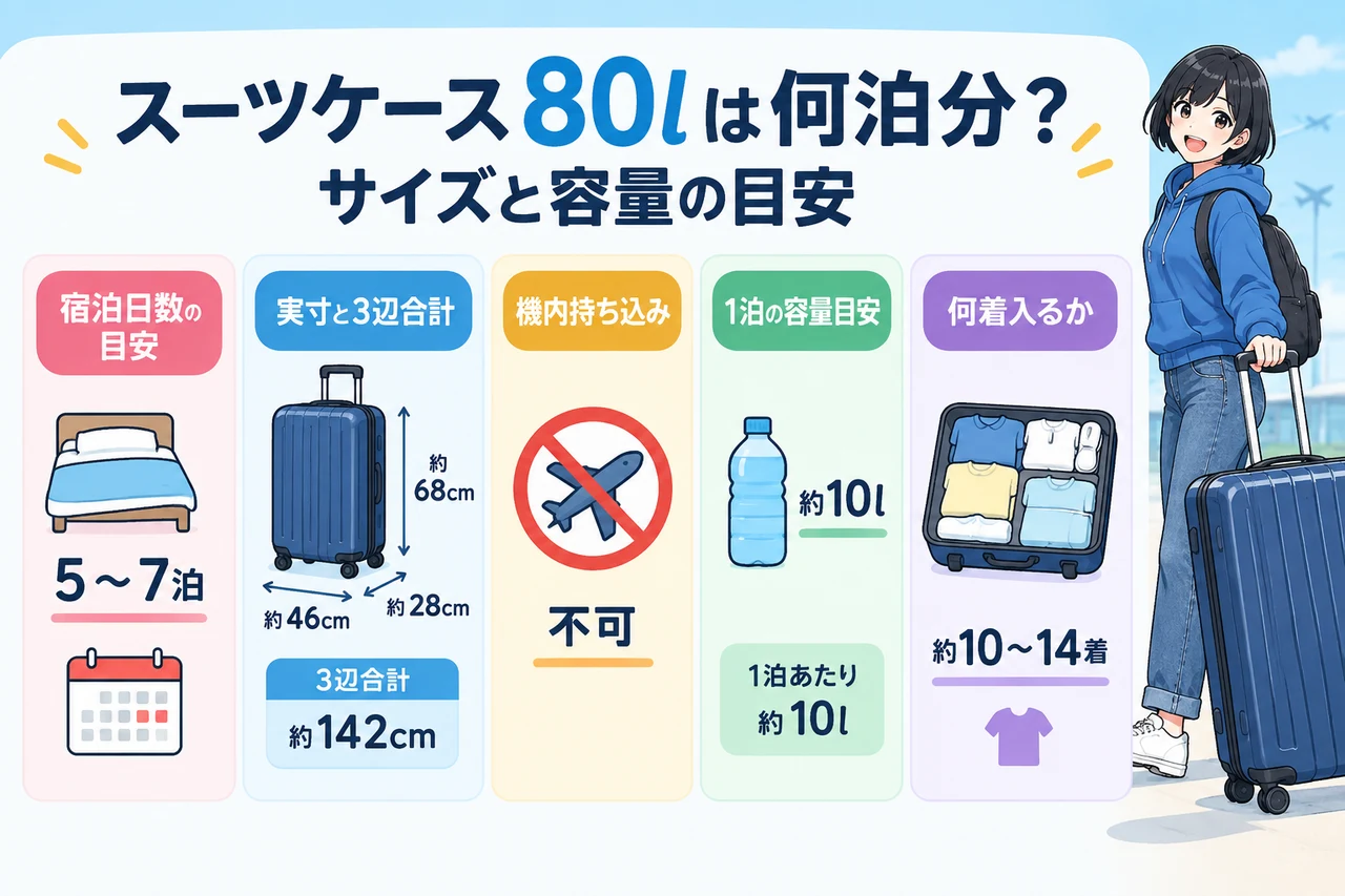 スーツケース80lは何泊分？サイズと容量の目安の要点をまとめた図解（80lが対応する宿泊日数・80lの実寸と3辺合計・機内持ち込みは不可）