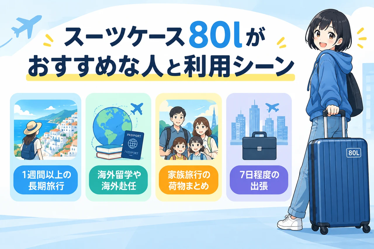スーツケース80lがおすすめな人と利用シーンの要点をまとめた図解（1週間以上の長期旅行・海外留学や海外赴任・家族旅行の荷物まとめ）