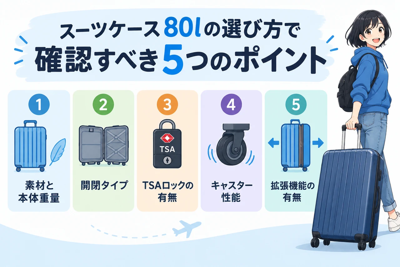 スーツケース80lの選び方で確認すべき5つのポイントの要点をまとめた図解（素材と本体重量・開閉タイプ・TSAロックの有無）