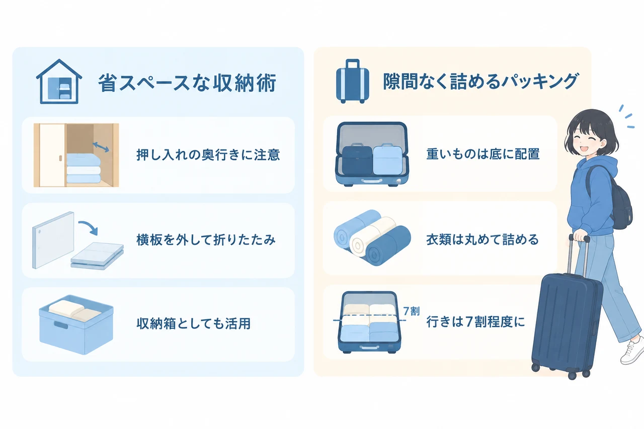 スーツケース80lの保管とパッキングのコツの要点をまとめた図解（省スペースな収納術・隙間なく詰めるパッキング）
