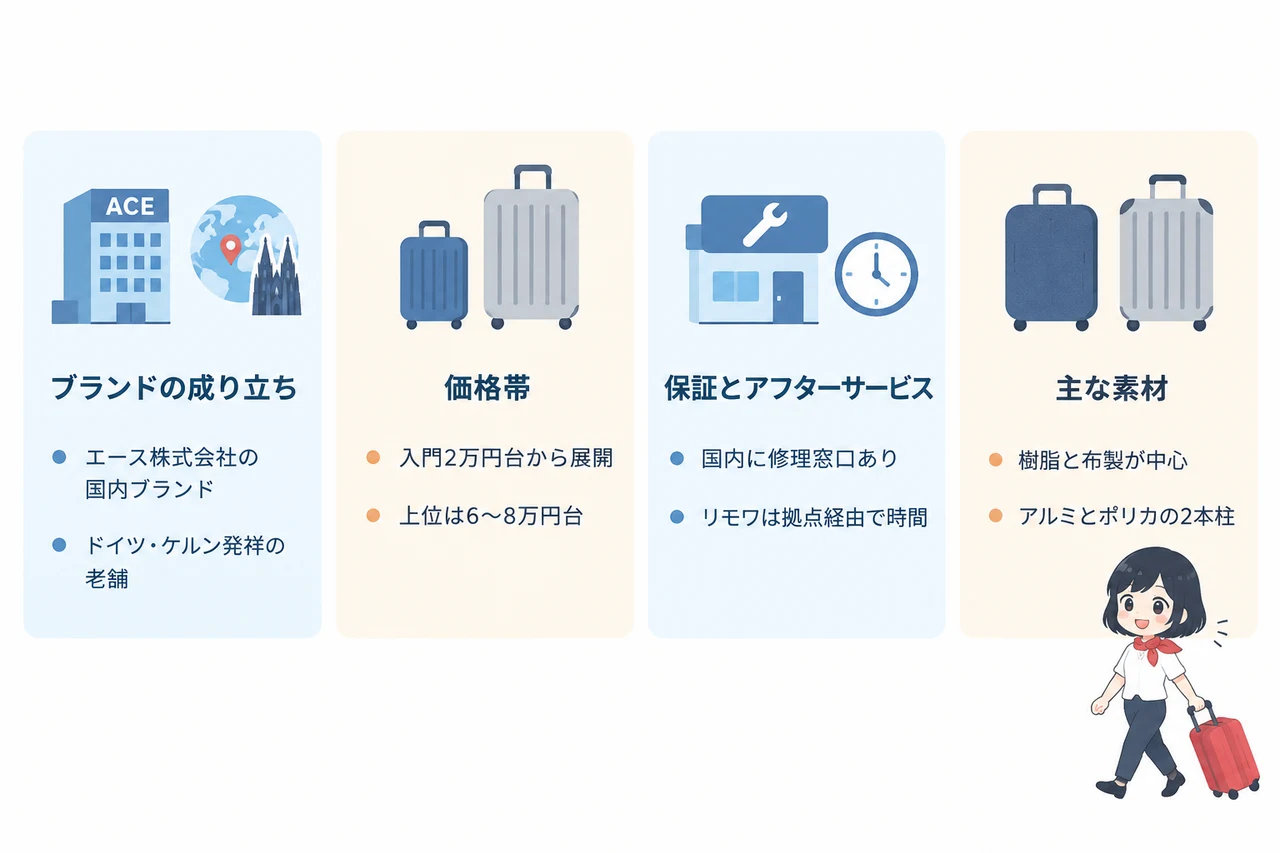 プロテカとリモワの基本情報を比較の要点をまとめた図解(ブランドの成り立ち・価格帯・保証とアフターサービス)