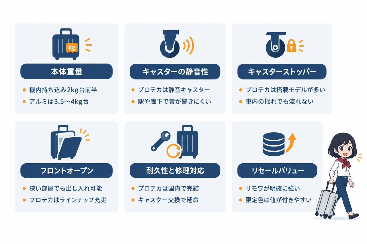 プロテカとリモワの機能・性能を比較の要点をまとめた図解(本体重量・キャスターの静音性・キャスターストッパー)