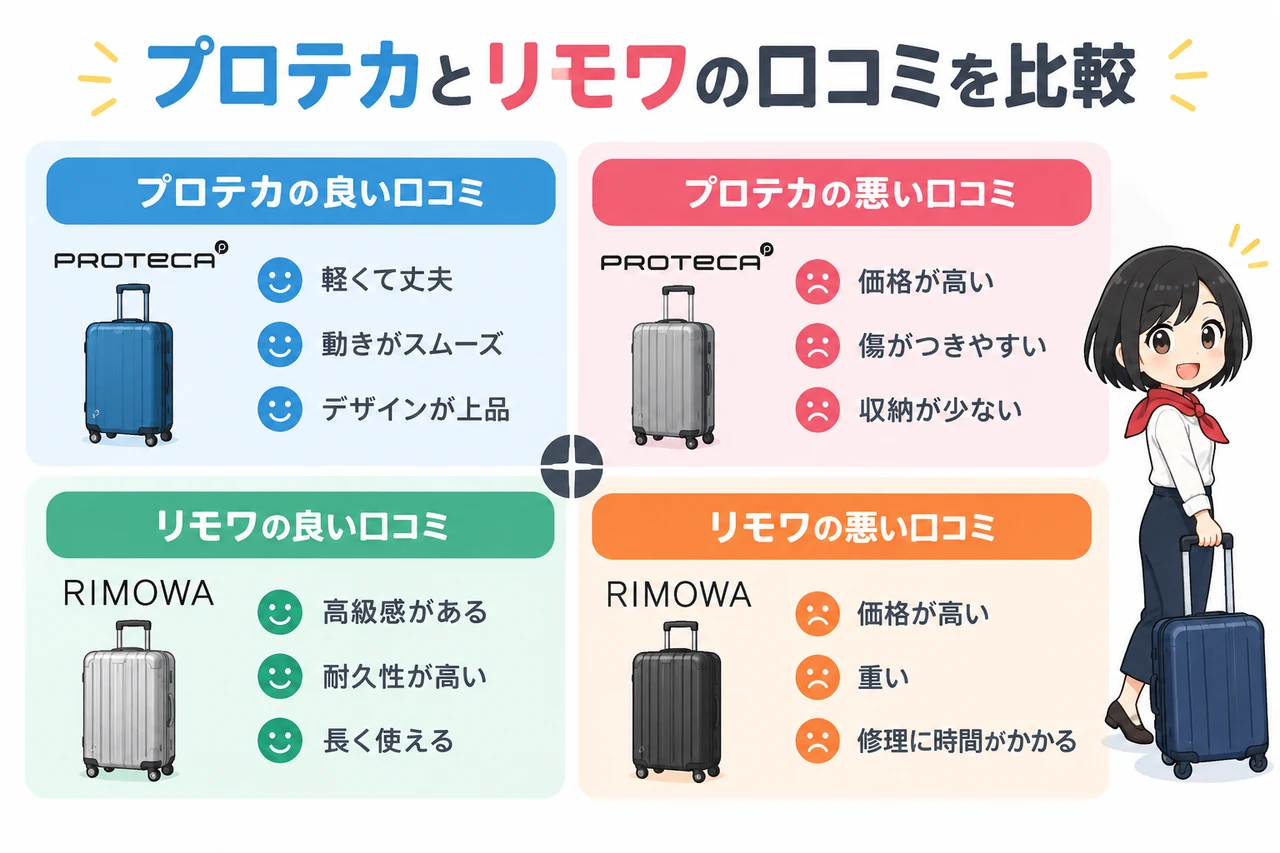 プロテカとリモワの口コミを比較の要点をまとめた図解(プロテカの良い口コミ・プロテカの悪い口コミ・リモワの良い口コミ)
