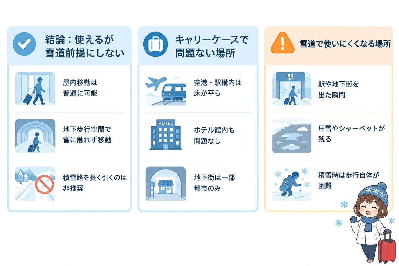 冬の北海道旅行にキャリーケースは大丈夫？の要点をまとめた図解（結論：使えるが雪道前提にしない・キャリーケースで問題ない場所・雪道で使いにくくなる場所）