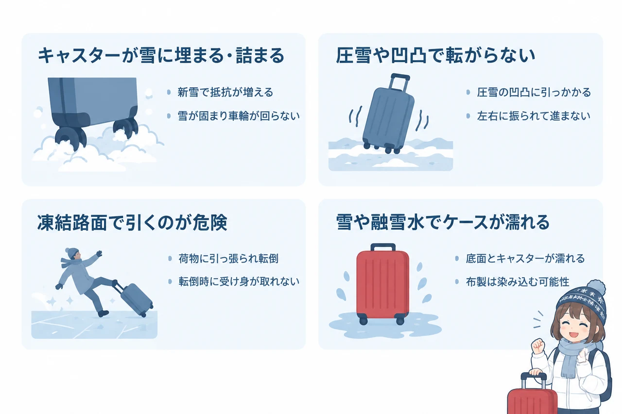 冬の北海道でキャリーケースが使いにくい理由の要点をまとめた図解（キャスターが雪に埋まる・詰まる・圧雪や凹凸で転がらない・凍結路面で引くのが危険）