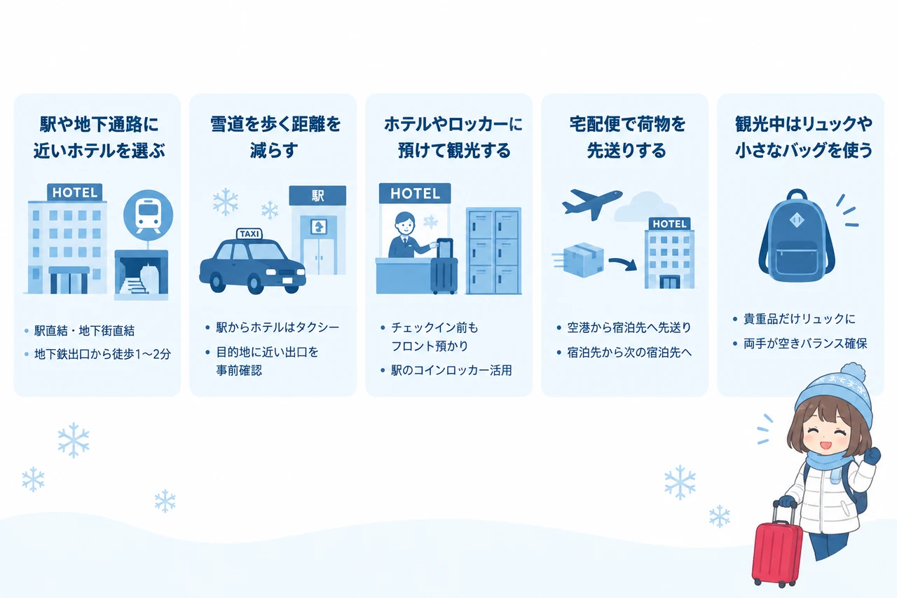 冬の北海道でキャリーケースを使う場合の対策の要点をまとめた図解（駅や地下通路に近いホテルを選ぶ・雪道を歩く距離を減らす・ホテルやロッカーに預けて観光する）