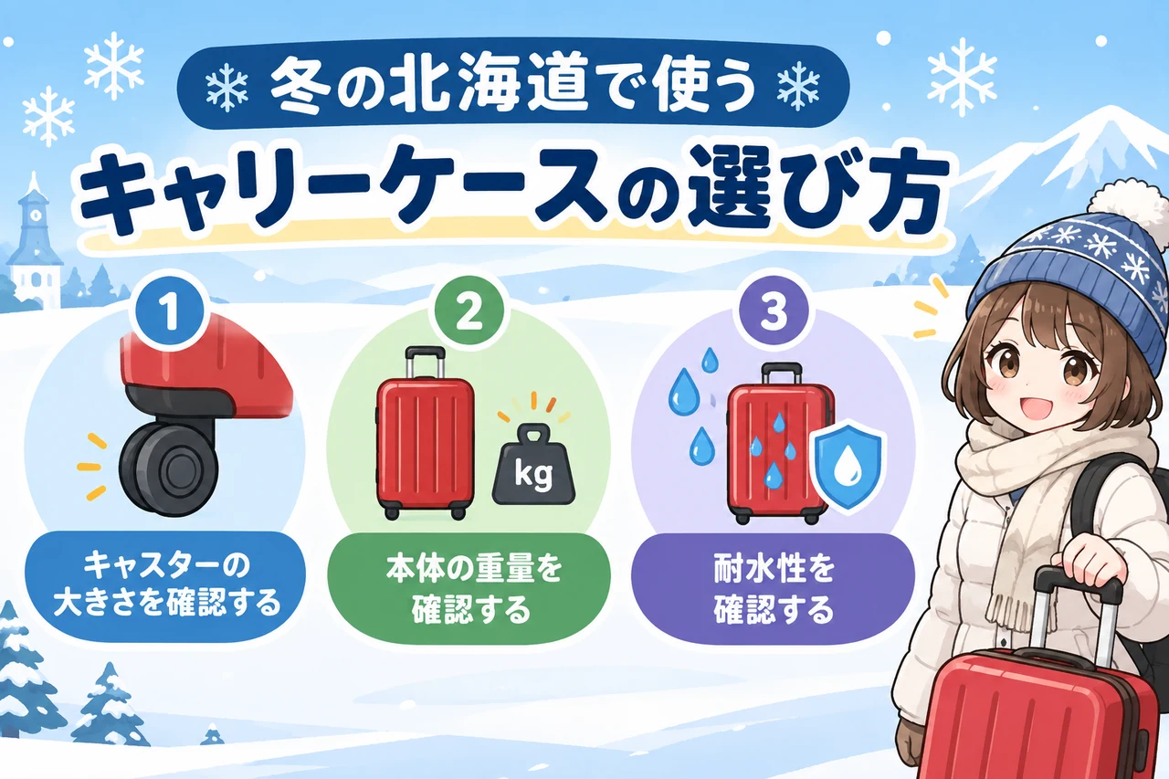 冬の北海道で使うキャリーケースの選び方の要点をまとめた図解（キャスターの大きさを確認する・本体の重量を確認する・耐水性を確認する）