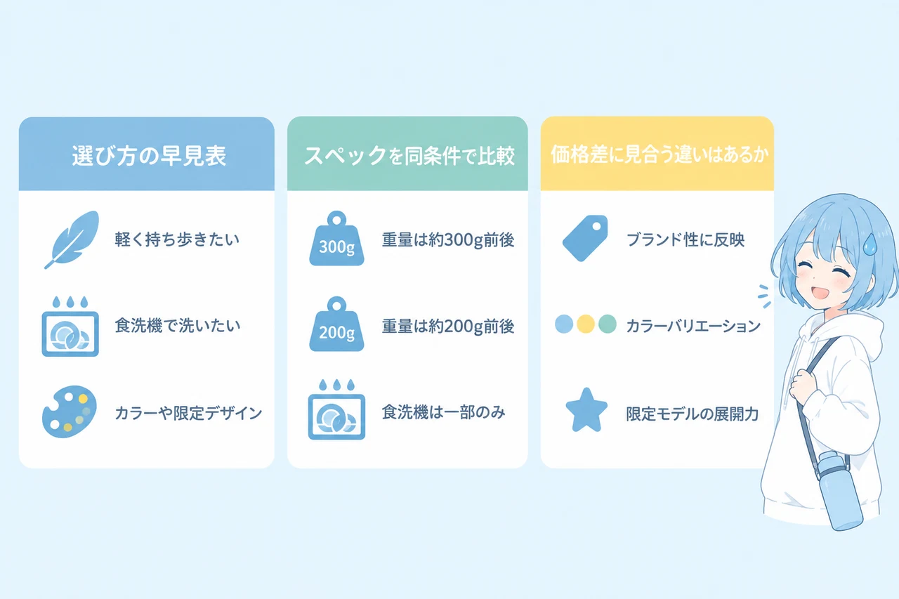 ハイドロフラスクとサーモスの比較結論の要点をまとめた図解（先に結論：選び方の早見表・スペックを同条件で比較・価格差に見合う違いはあるか）
