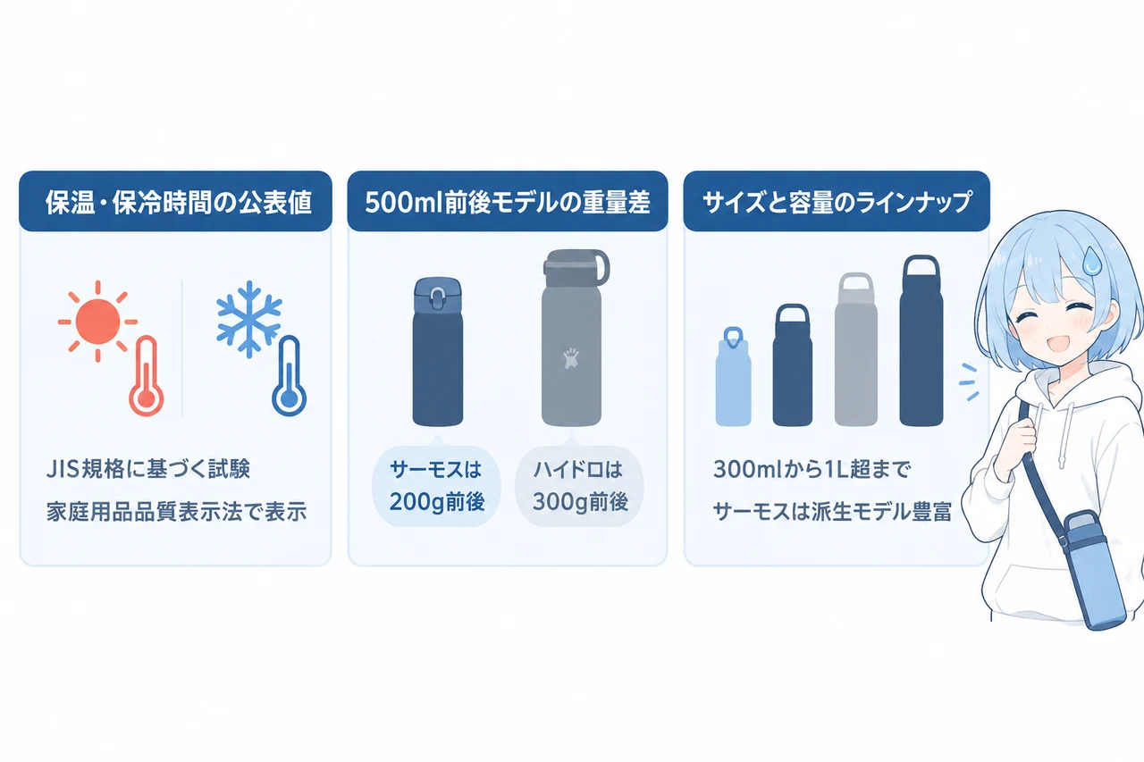 保温・保冷力と重量をスペックで比較の要点をまとめた図解（保温・保冷時間の公表値・500ml前後モデルの重量差・サイズと容量のラインナップ）