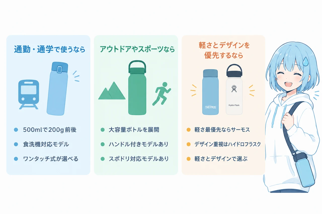 用途別にどちらが向くかを比較の要点をまとめた図解（通勤・通学で使うなら・アウトドアやスポーツなら・軽さとデザインを優先するなら）