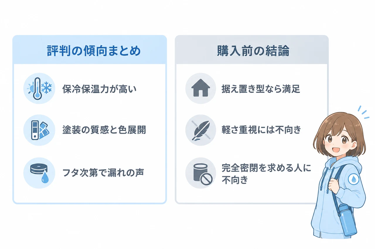 ハイドロフラスク タンブラー評判の全体像の要点をまとめた図解（評判の傾向まとめ・購入前の結論）