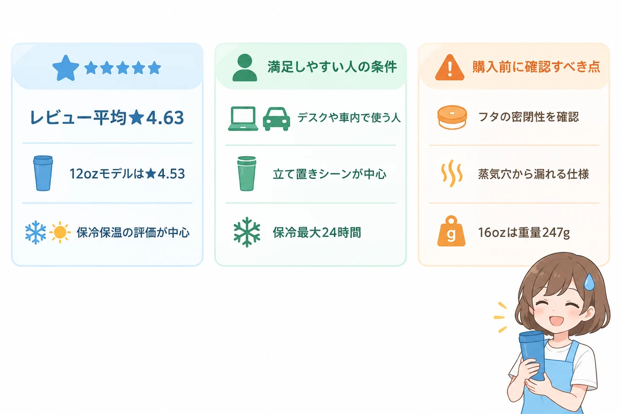 ハイドロ フラスク タンブラー 評判の結論の要点をまとめた図解（総合評価の傾向・満足しやすい人の条件・購入前に確認すべき点）