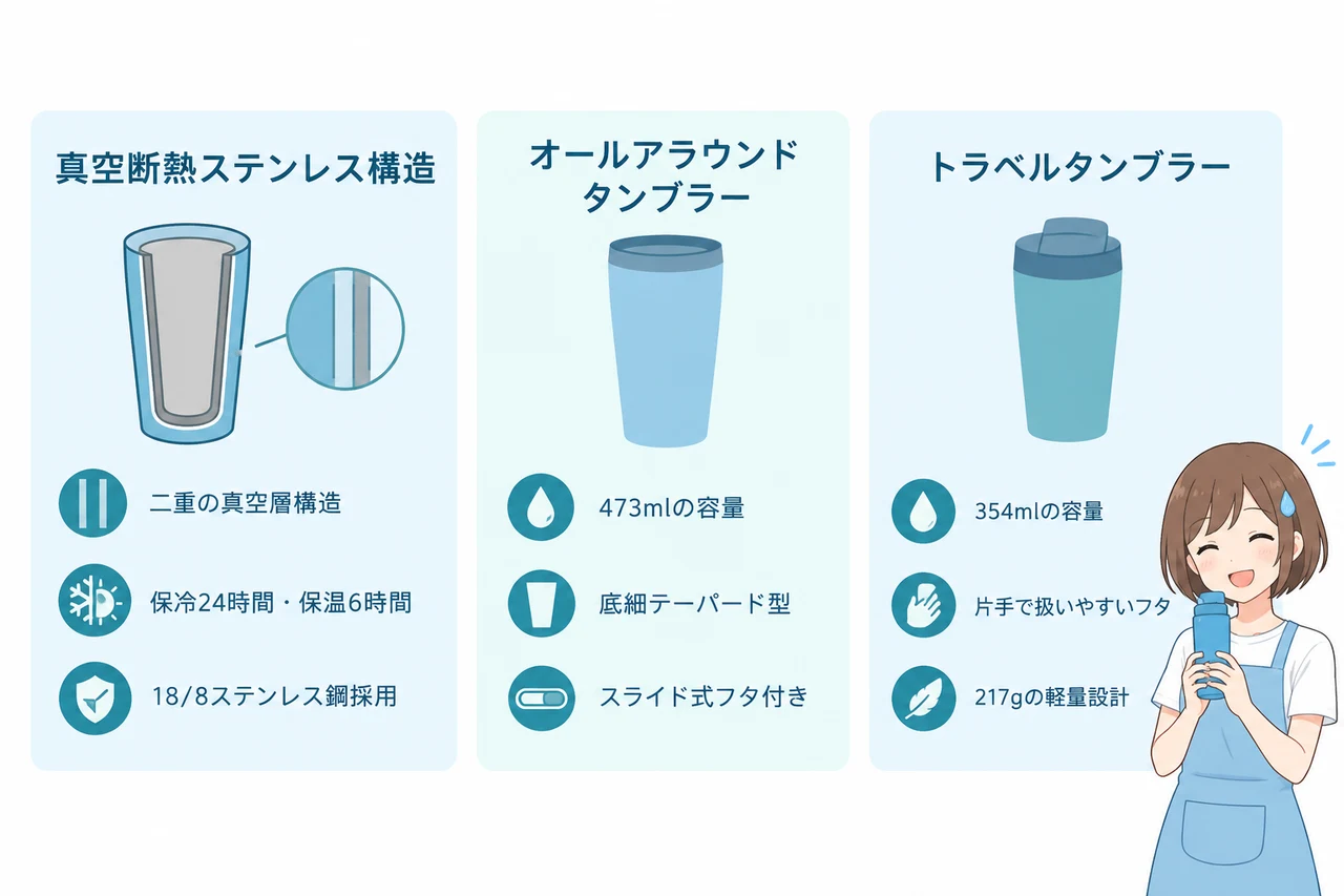 ハイドロ フラスク タンブラーとはの要点をまとめた図解（真空断熱ステンレス構造・オールアラウンド タンブラー・トラベルタンブラー）