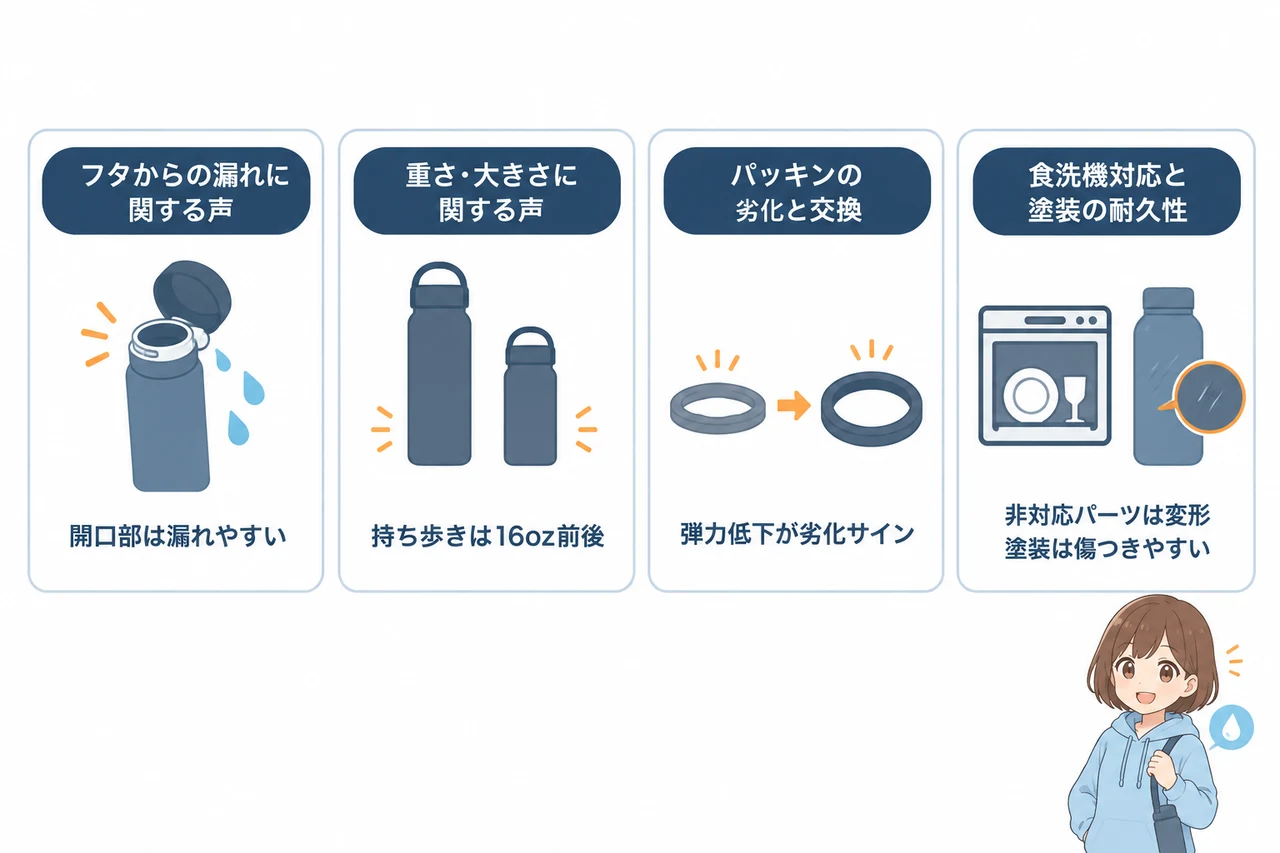 ハイドロ フラスク タンブラー 悪い口コミ・気になる点の要点をまとめた図解（フタからの漏れに関する声・重さ・大きさに関する声・パッキンの劣化と交換）