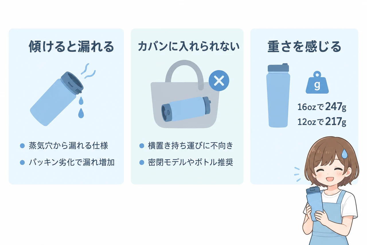 ハイドロ フラスク タンブラーの悪い口コミの要点をまとめた図解（傾けると漏れる・カバンに入れられない・重さを感じる）