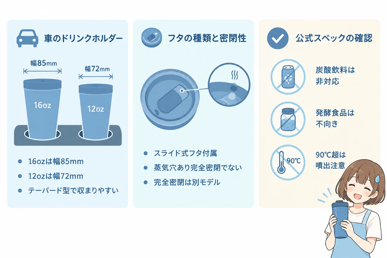 ハイドロ フラスク タンブラーの気になる点の要点をまとめた図解（車のドリンクホルダー・フタの種類と密閉性・公式スペックの確認）