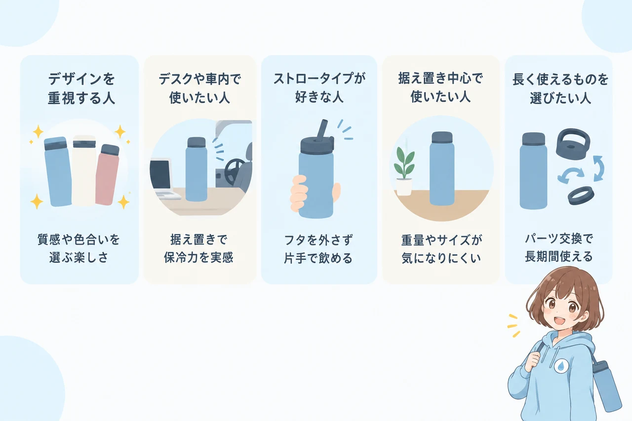 ハイドロ フラスク タンブラーが向いている人の要点をまとめた図解（デザインを重視する人・デスクや車内で使いたい人・ストロータイプが好きな人）