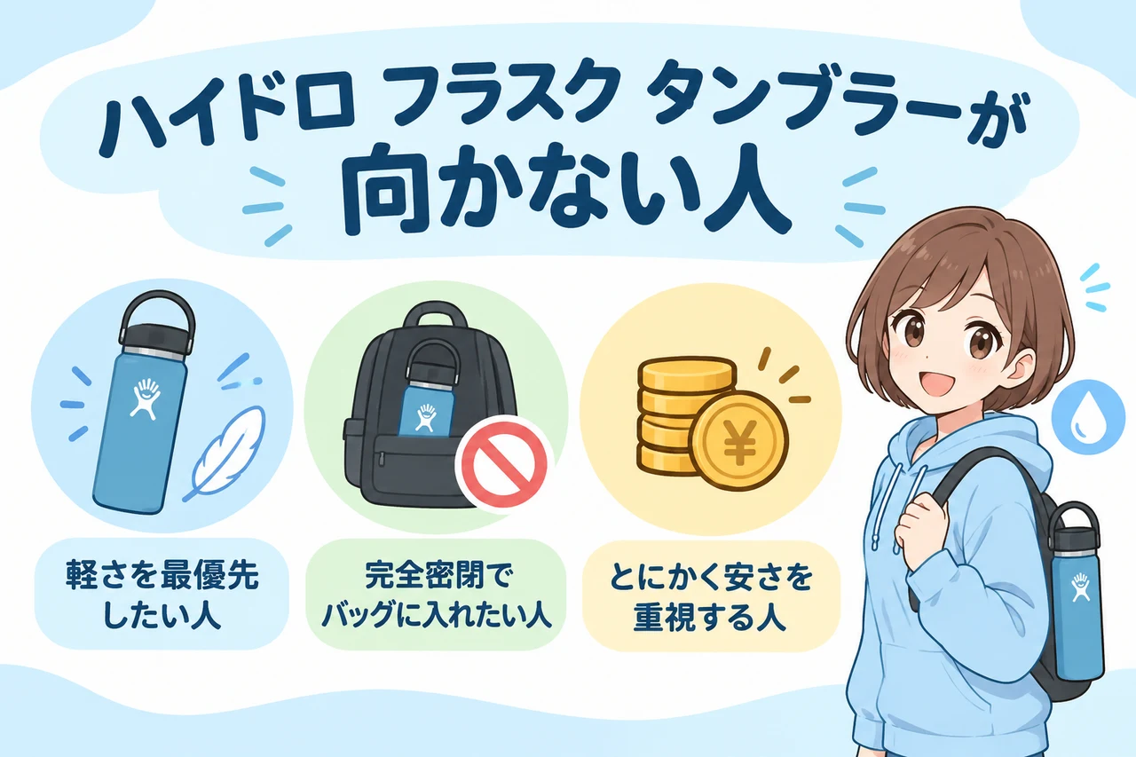 ハイドロ フラスク タンブラーが向かない人の要点をまとめた図解（軽さを最優先したい人・完全密閉でバッグに入れたい人・とにかく安さを重視する人）