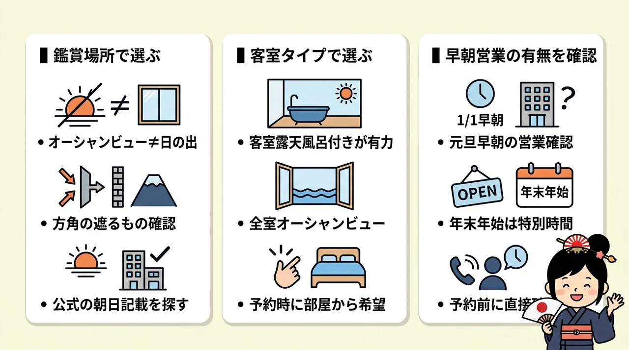 初日の出を宿で迎えるホテルの選び方の要点をまとめた図解(鑑賞場所で選ぶ・客室タイプで選ぶ・早朝営業の有無を確認)