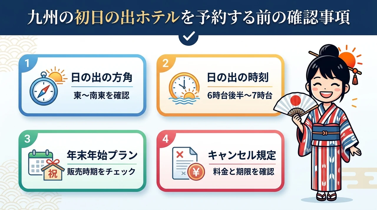 九州の初日の出ホテルを予約する前の確認事項の要点をまとめた図解(日の出の方角と時刻・年末年始プランの販売時期・キャンセル規定と料金)