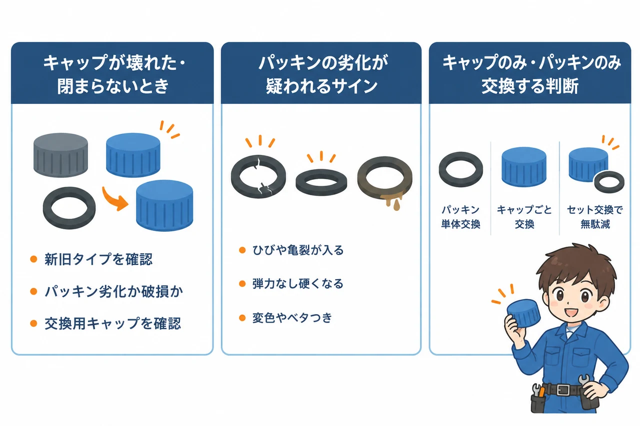 レボマックス キャップの交換が必要なケースの要点をまとめた図解（キャップが壊れた・閉まらないとき・パッキンの劣化が疑われるサイン・キャップのみ・パッキンのみ交換する判断）