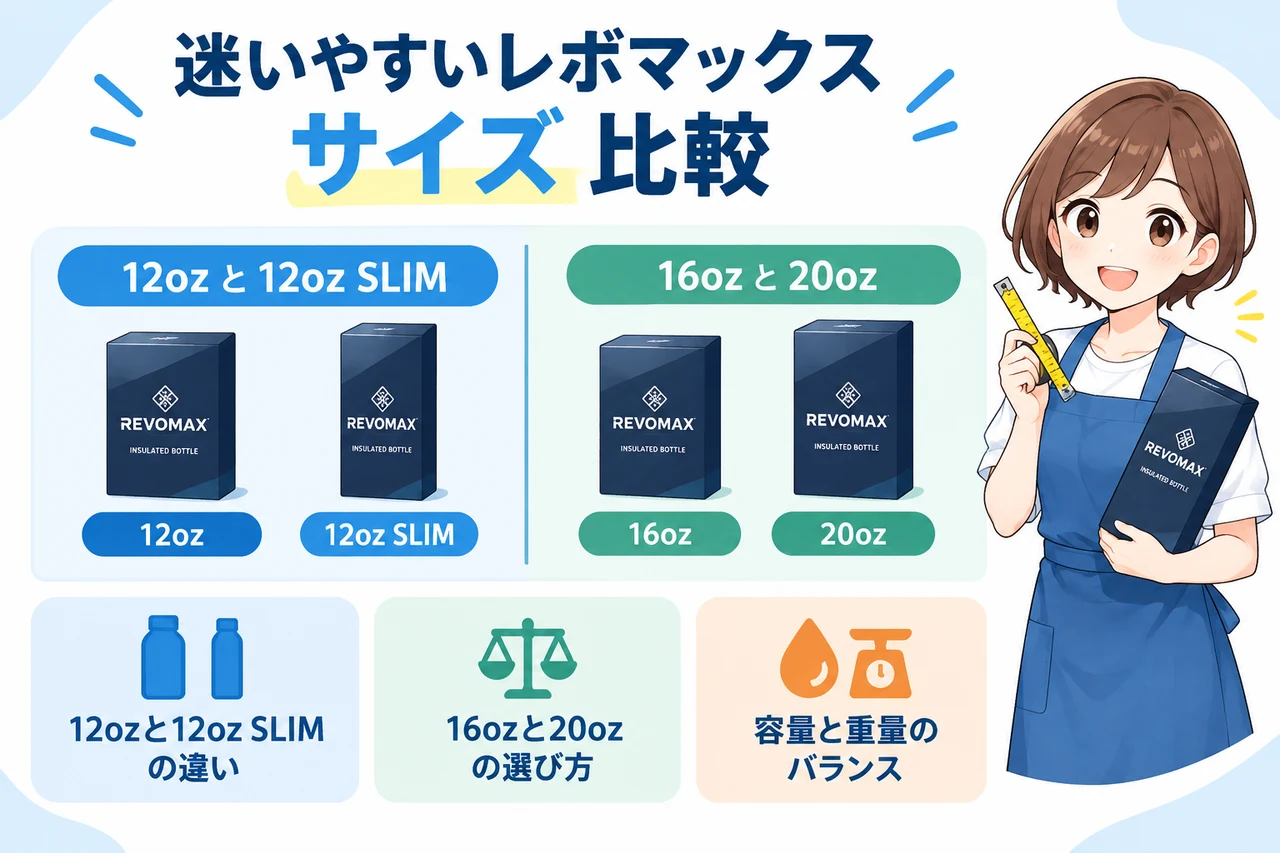 迷いやすいレボマックス サイズ 比較の要点をまとめた図解（12ozと12oz SLIMの違い・16ozと20ozの選び方・容量と重量のバランス）