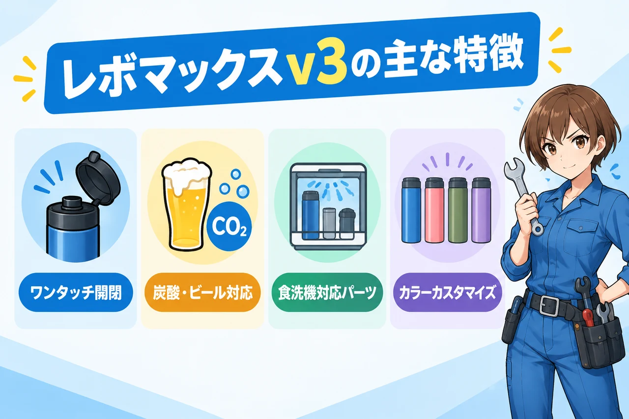 レボマックス v3の主な特徴の要点をまとめた図解（ワンタッチ開閉・炭酸・ビール対応・食洗機対応パーツ）