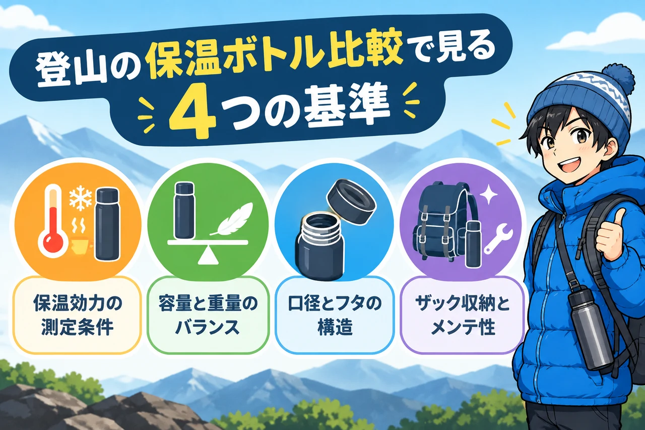 登山の保温ボトル比較で見る4つの基準の要点をまとめた図解（保温効力の測定条件・容量と重量のバランス・口径とフタの構造）