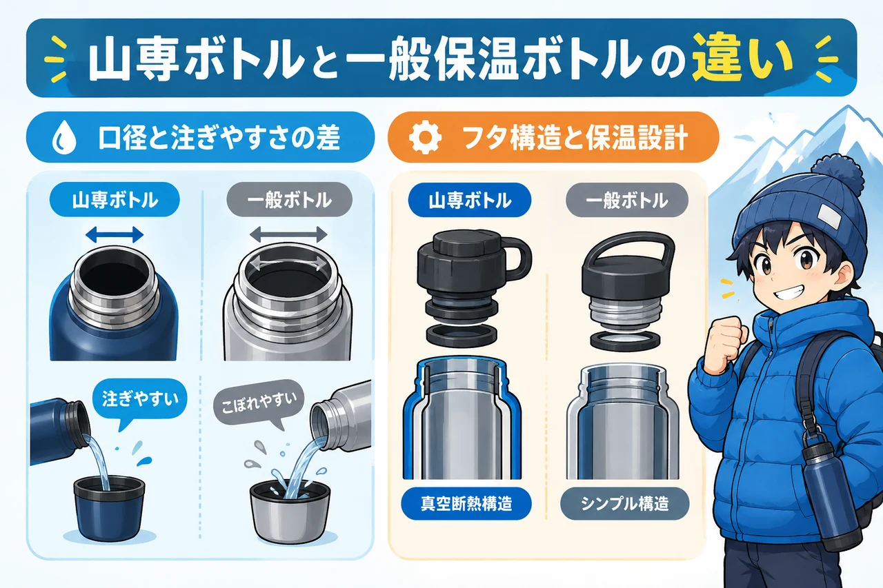 山専ボトルと一般保温ボトルの違いの要点をまとめた図解（口径と注ぎやすさの差・フタ構造と保温設計）