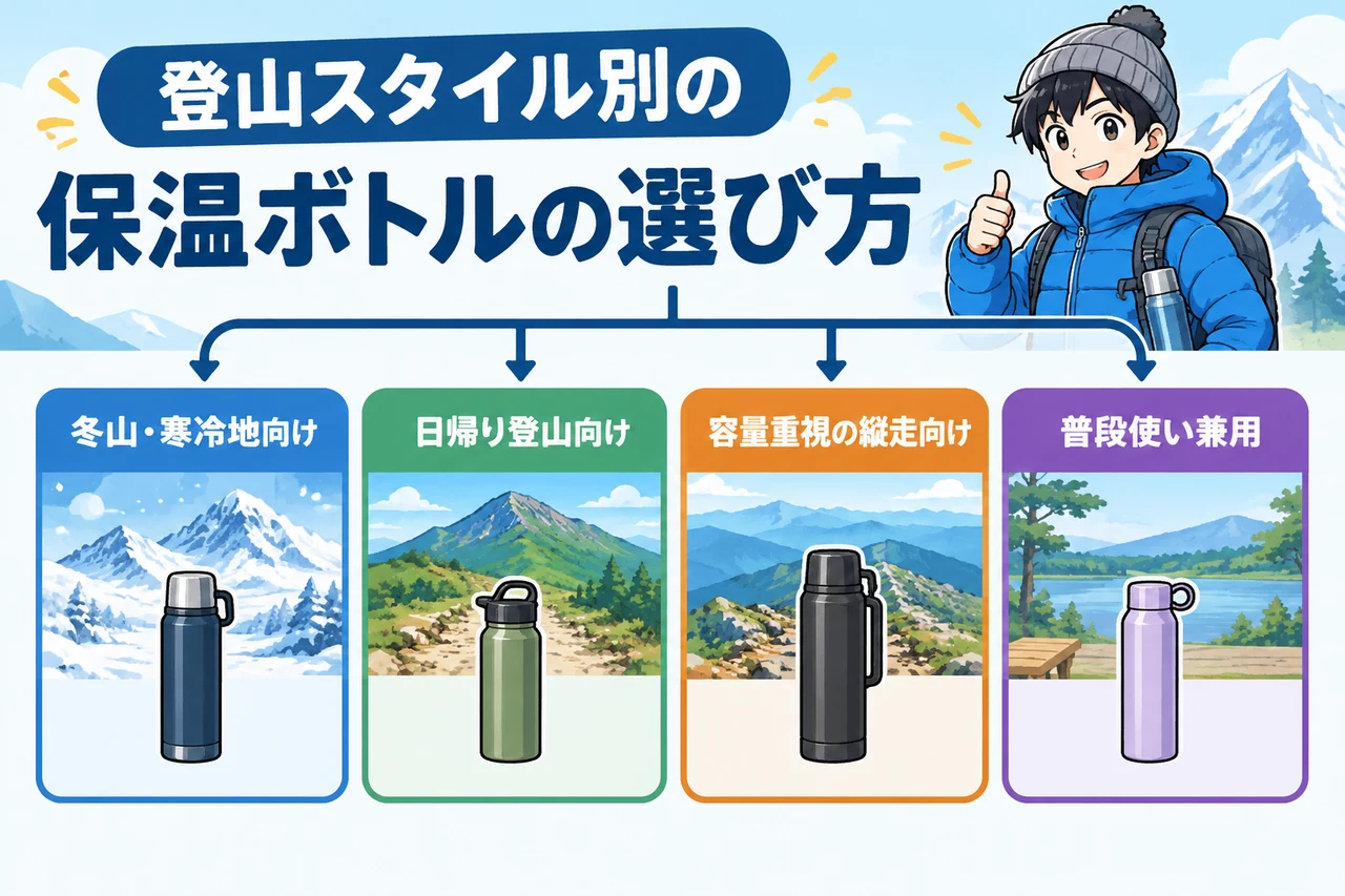 登山スタイル別の保温ボトルの選び方の要点をまとめた図解（冬山・寒冷地向け・日帰り登山向け・容量重視の縦走向け）