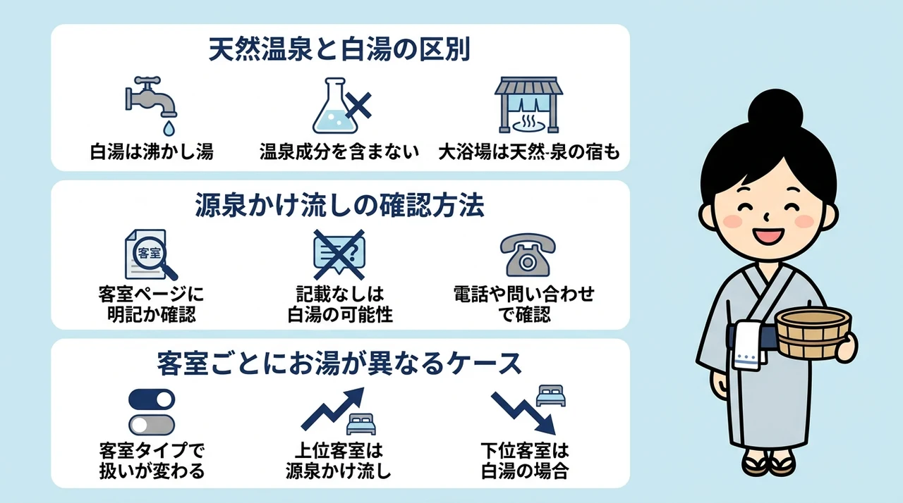 客室露天風呂が温泉か白湯かの見分け方の要点をまとめた図解(天然温泉と白湯の区別・源泉かけ流しの確認方法・客室ごとにお湯が異なるケース)