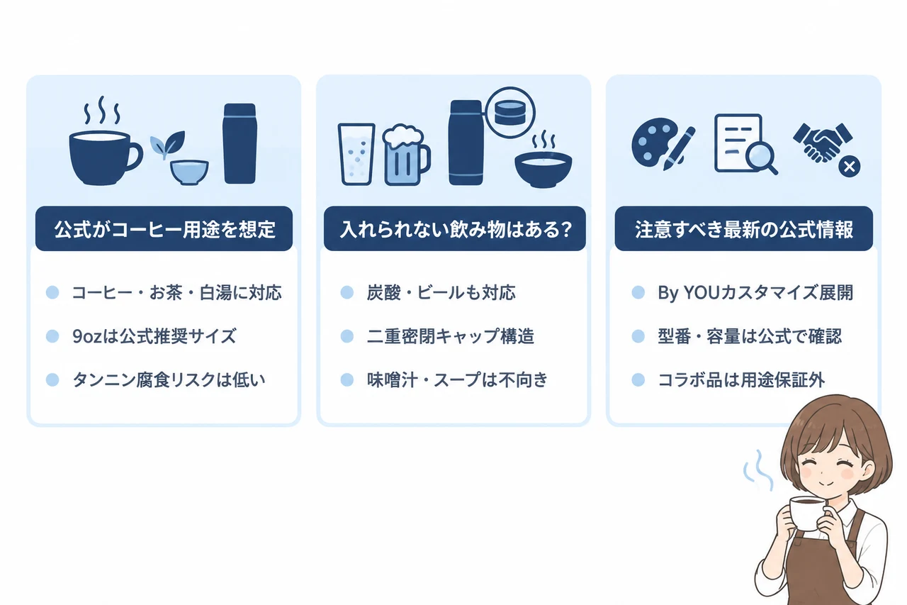 レボマックスにコーヒーを入れても大丈夫?の要点をまとめた図解(結論:公式がコーヒー用途を想定・入れられない飲み物はある?・注意すべき最新の公式情報)