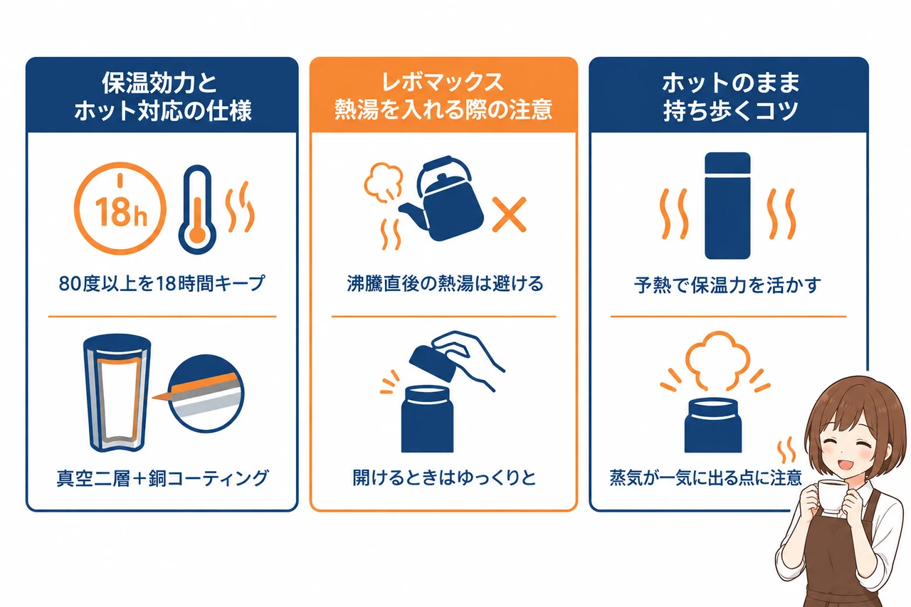 レボマックスにホットコーヒーは入れられる?の要点をまとめた図解(保温効力とホット対応の仕様・レボマックス 熱湯を入れる際の注意・ホットのまま持ち歩くコツ)