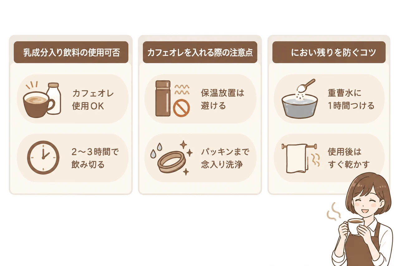 レボマックスにカフェオレを入れてもいい?の要点をまとめた図解(乳成分入り飲料の使用可否・カフェオレを入れる際の注意点・におい残りを防ぐコツ)