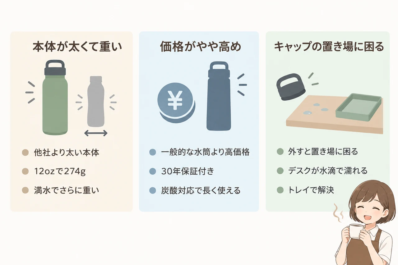 コーヒー用でレボマックスを使うデメリットの要点をまとめた図解(本体が太くて重い・価格がやや高め・キャップの置き場に困る)